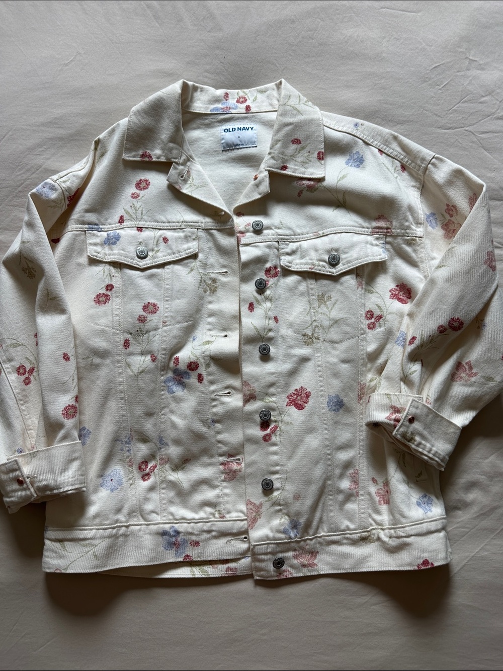 Old Navy Cream Denim Jacket with Red and Blue Floral Print